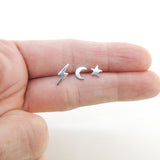Set of Three Sterling Silver Lightning, Moon and Star Stud Earrings